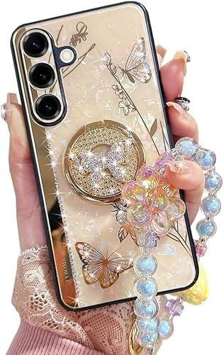 for Samsung Galaxy A57 Case with Kickstand,A57 5G Phone Case Girly Bling Diamond Butterfly Design,Luxury Glitter Pearl Hard Back Soft TPU Bumper with Bead Strap for Samsung A57 Pink