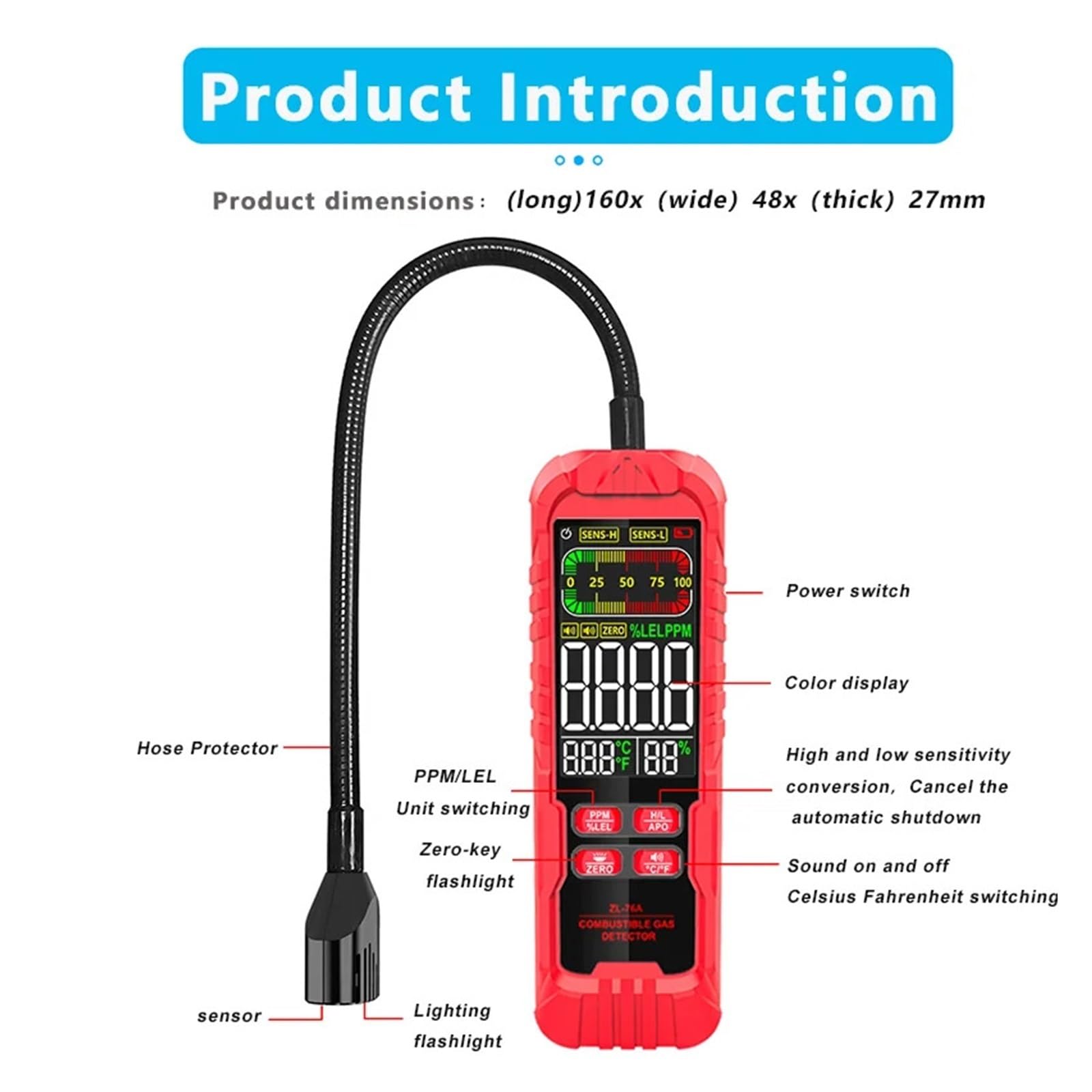 Detektor gazu, Analizator detektora wycieku gazu Metan Łatwopalny Palny Naturalny Tester Ekran LCD Dźwięk i alarm(ZL76B)