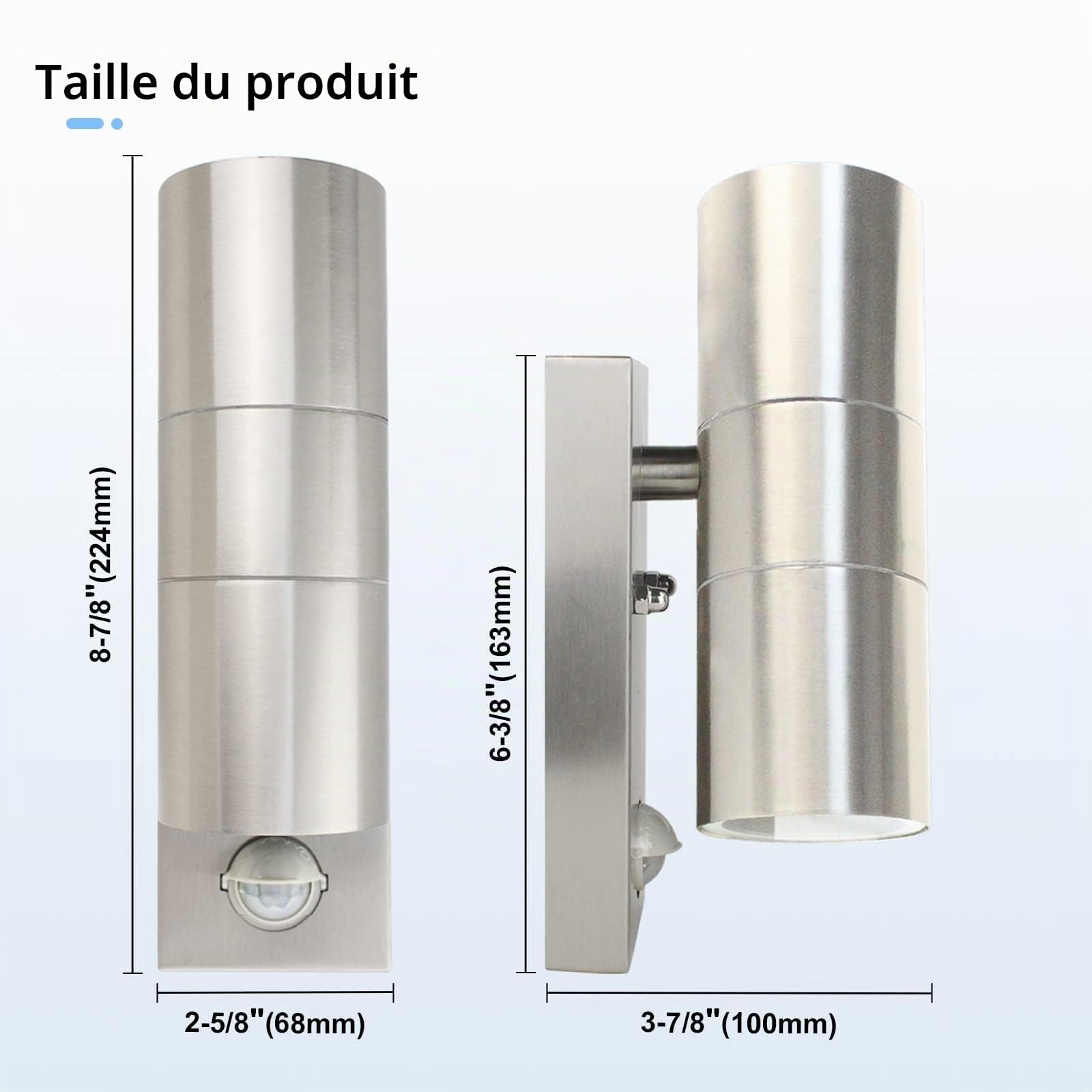 Applique murale d'extérieur avec détecteur de mouvement PIR LED IP44 en acier inoxydable avec 2 ampoules GU10 5 W Blanc chaud