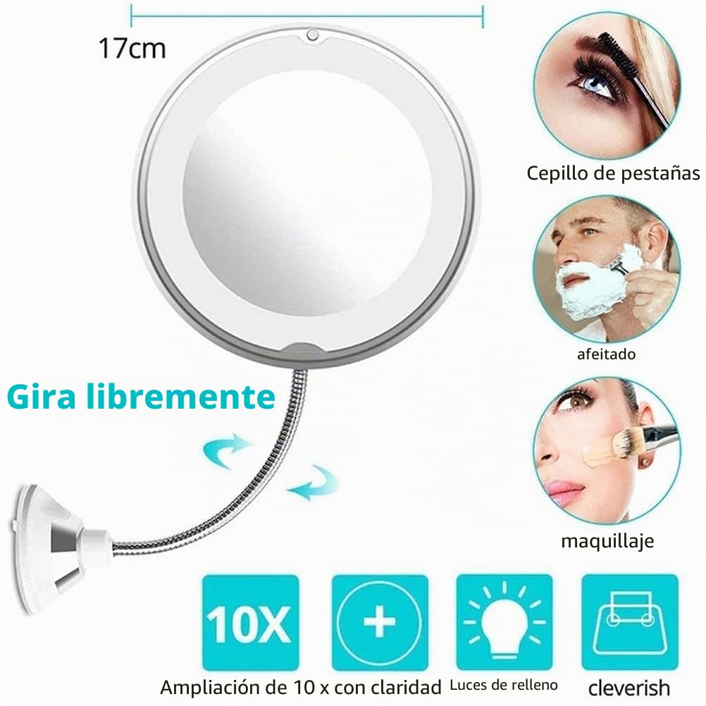 JTLB Espejo de Aumento con Ventosa de 10 Aumentos, Espejo de Maquillaje con Luz LED y Ventosa, Giratorio de 360 ​​Grados, Cuello de Cisne Flexible, Espejo de Aumento de 10 Aumentos