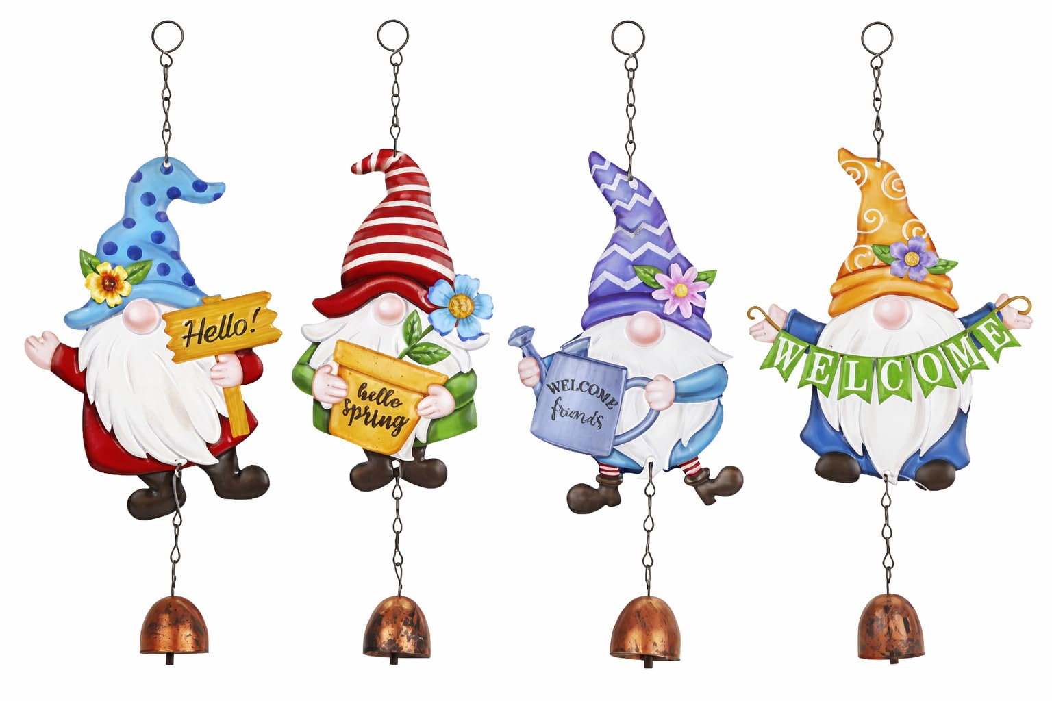 Set of 4 Gnome Wind Chime Hanging Garden Ornament with Bell & Welcome Sign – Metal Gnome Wind Chimes Outdoor Garden Decor for Patio, Porch, Balcony, Fence & Entryway