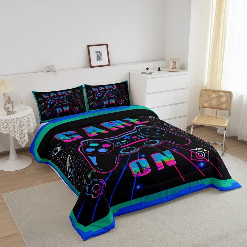 Feelyou Gamer Comforter Set Twin Size for Boys Kids Game Room Decor Video Gaming Gamer Comforter Teens Gamepad Bedding Set Blue Green Neon Game Console Controller Comforter 2 Pcs Boys