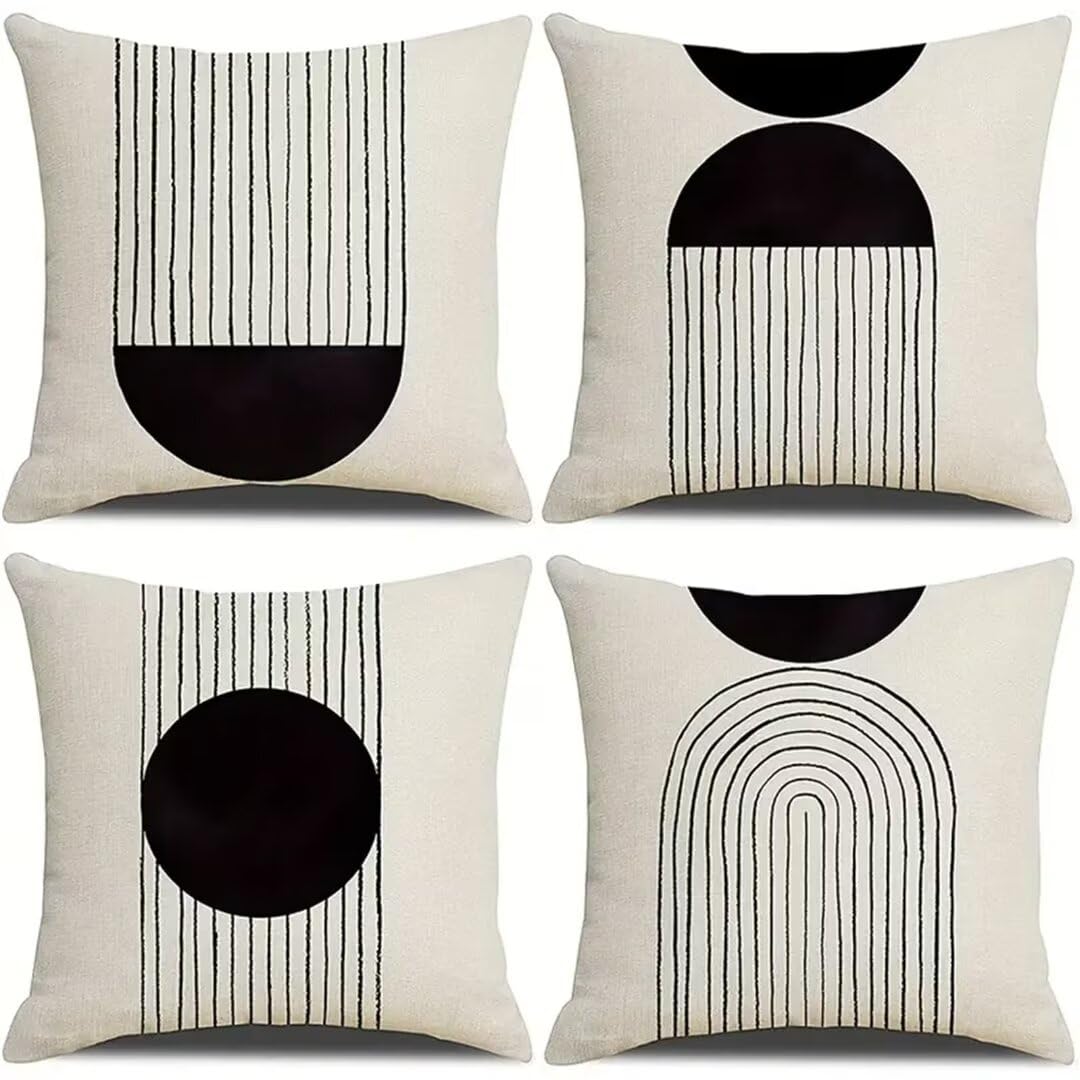4er Set Kissenbezug 80x80cm , Baumwolle Leinen Dekokissen Kissenbezüge Sofakissen Dekorativ Kissenhülle Zierkissenbezüge für Sofa Schlafzimmer Wohnzimmer Auto Couch Zuhause Dekor Schwarz weiß,32x32in