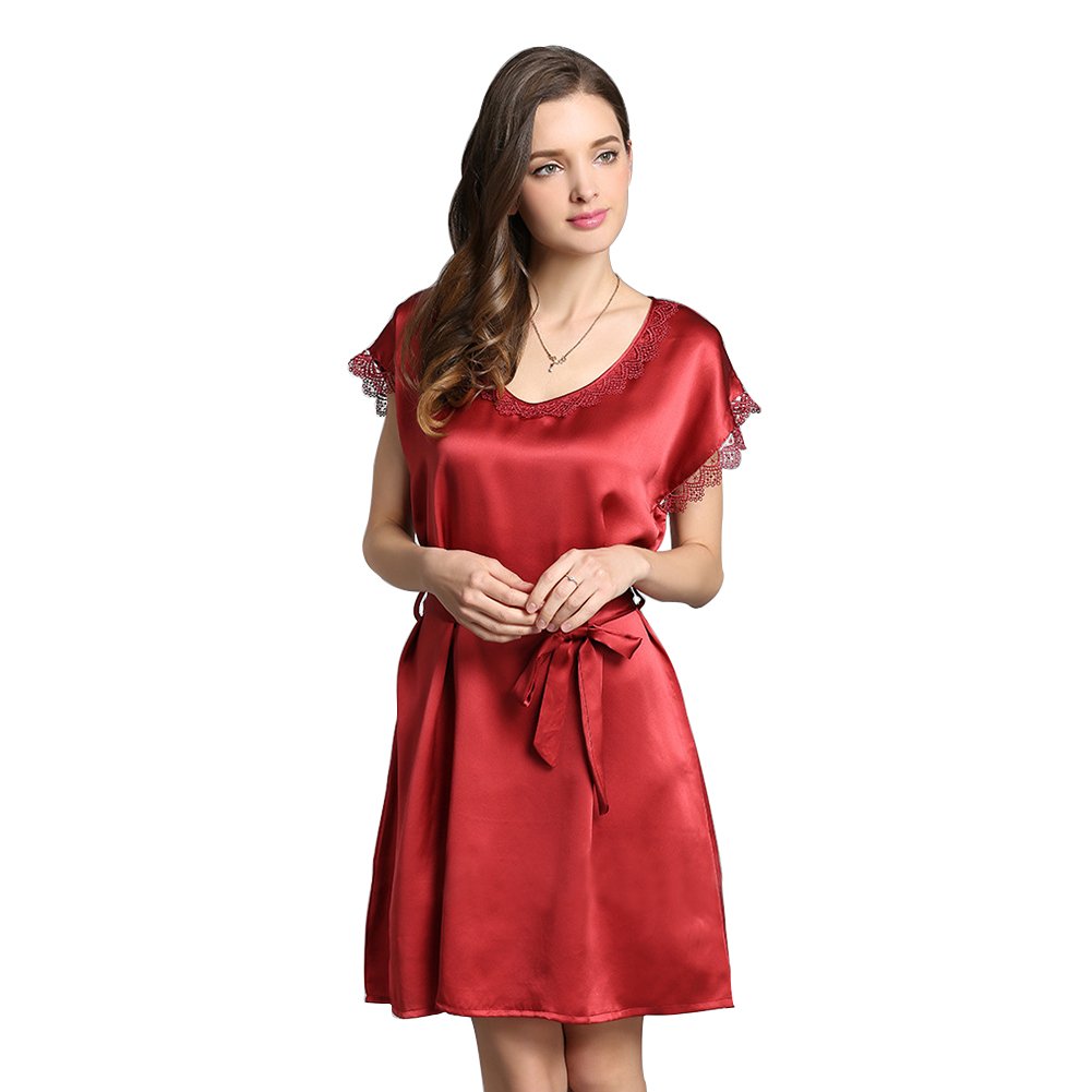 Lsharon Women's Wine Sexy Round Neck 100% Mulberry Silk Short Sleeve Nightdress Nightgown Sleepwear (M(Tag Xl), )