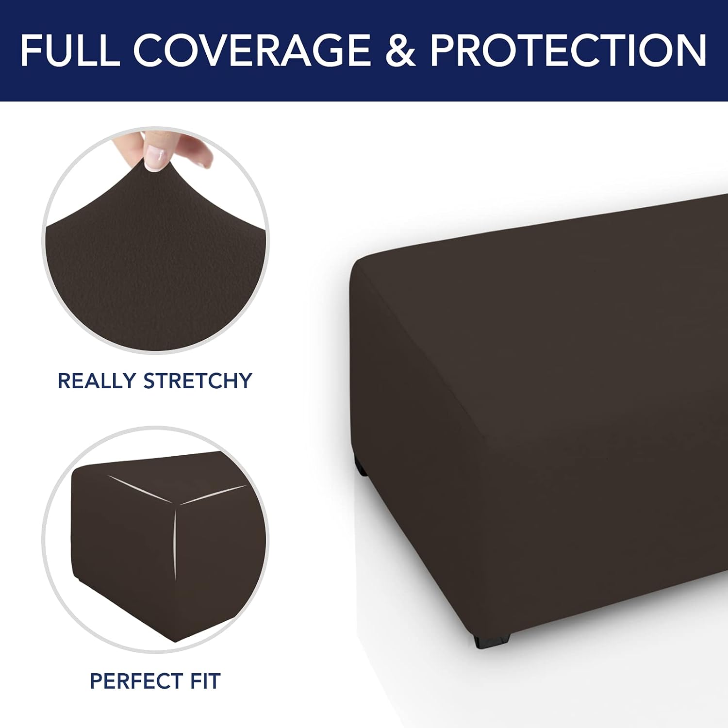 PureFit Super Stretch Soft Form Fit Ottoman Cover Rectangle - Ottoman Slipcovers for Foot Stool & Folding Storage Furniture for Living Room with Nonslip Elastic Bottom (Large, Chocolate)