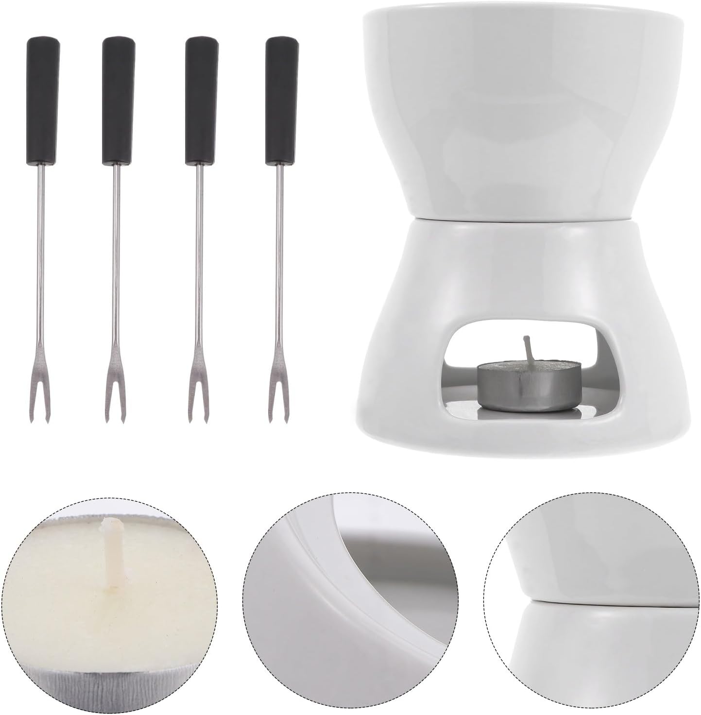 KICHOUSE Ceramic Chocolate Fondue Pot 400ml DIY Melting Stove Butter Warmer for Home Kitchen Cheese Fondue Set for 2-4 People