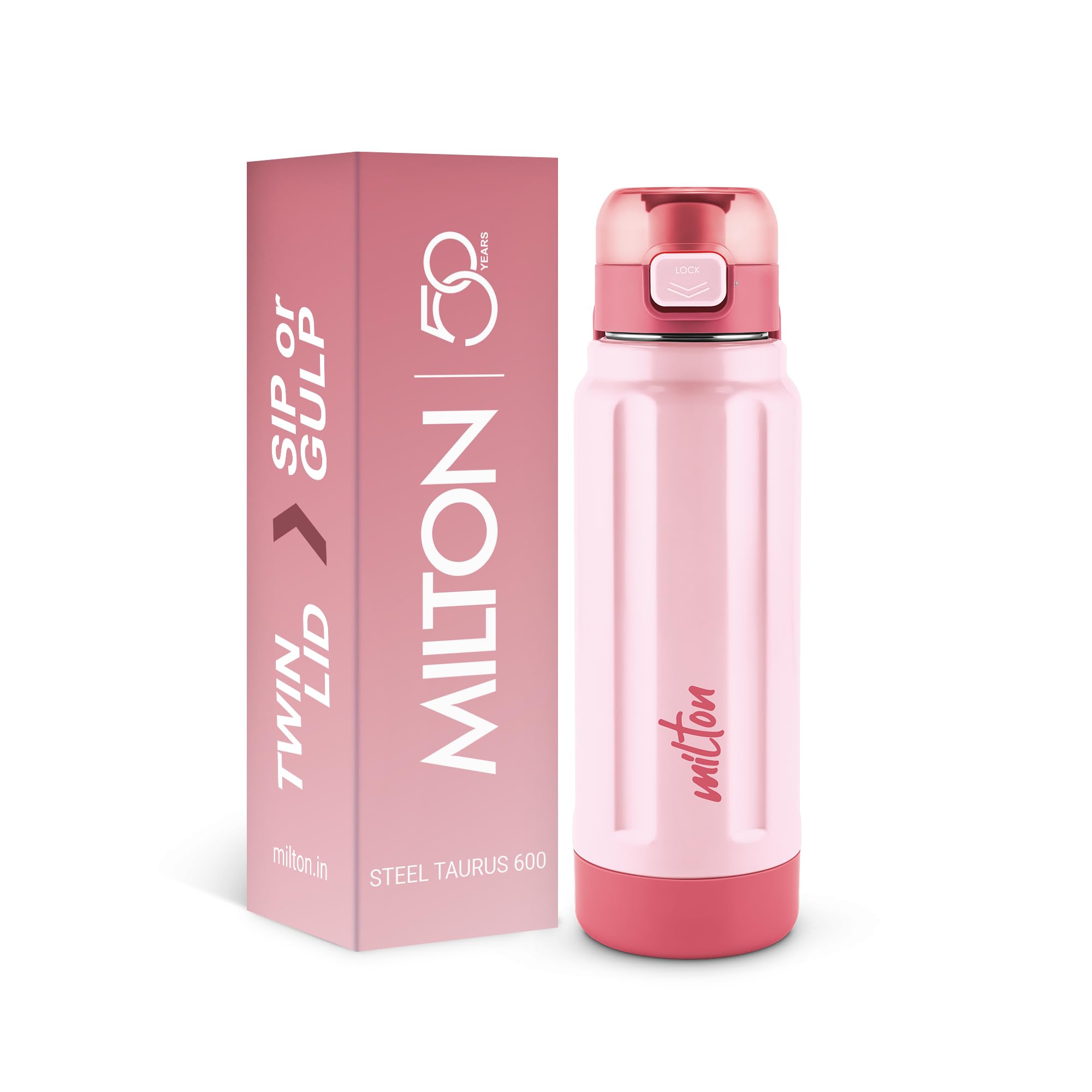 Milton Taurus 600 Steel Thermoware, Inner Stainless Steel, PU Insulated, Leak Proof Water Bottle for School Kids, Office, Gym, Easy to Carry Handle, 560 ml, Light Pink