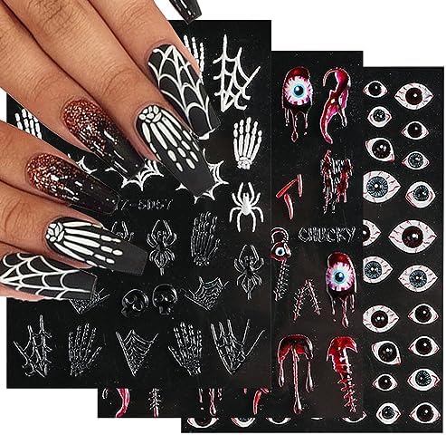 Halloween Nail Art Stickers Decals, 5D Stereoscopic Embossed Halloween Nail Stickers Nail Art Supplies Scream Movie Spider Bat Halloween Nails Design Decals for Women Girls DIY Nail Art Decorations