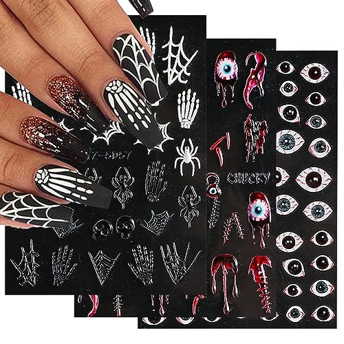 Halloween Nail Art Stickers Decals, 5D Stereoscopic Embossed Halloween Nail Stickers Nail Art Supplies Scream Movie Spider Bat Halloween Nails Design Decals For Women Girls Diy Nail Art Decorations #TOP10