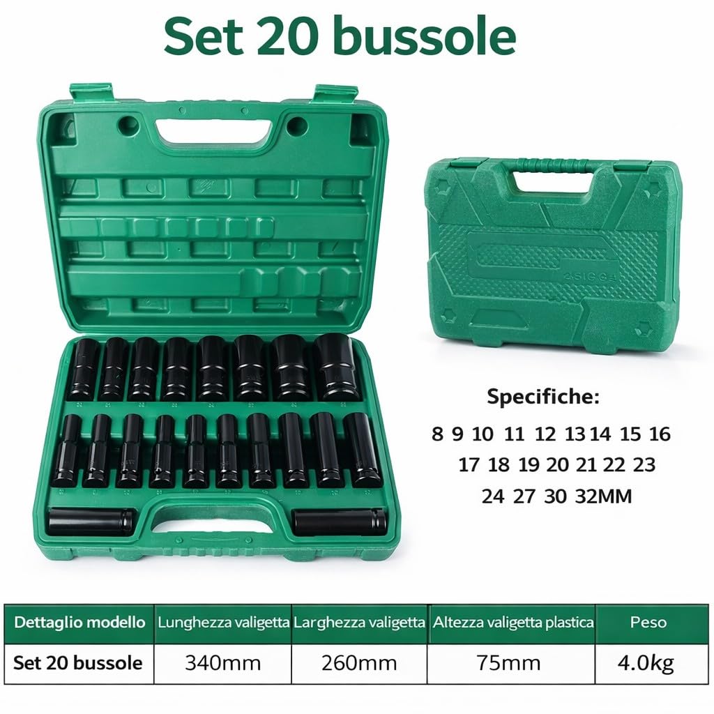 Set 20PZ Bussole ad impatto Esagonali con Attacco da 1/2" Prolungate 80mm Acciaio Rinforzato 8-32 mm Kit Professionale per Avvitatore Cricchetto Officina Auto Moto Fai da Te