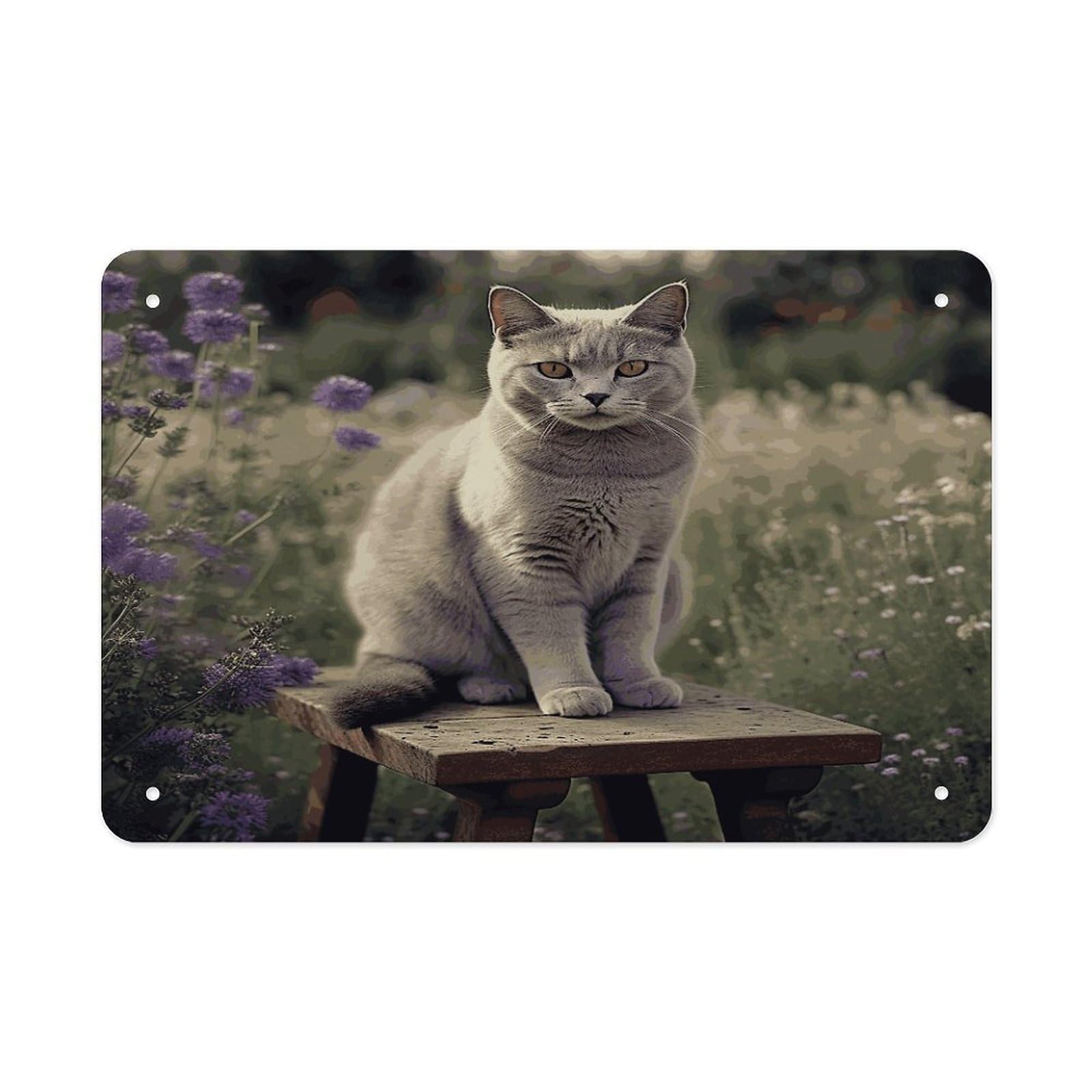 Fekiloot Style Gray Cat In Flower Field Metal Signs Wall Art Tin Sign
