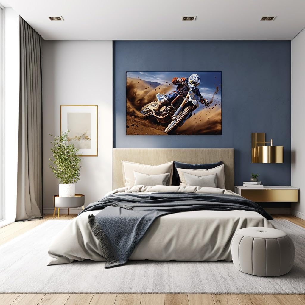Canvas for Living room. Desert Dynamo: Mastering Sandy Straits on a Dirt Bike, 27 x 18 inch Canvas Wall Art - Contemporary Masterpieces - Modern Home Decor