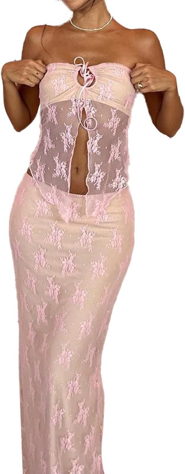 WPNAKSY2k Sexy Tube Bodycon Skirt Set for Women Going Out Maxi Skirts Matching Sets 2pcs