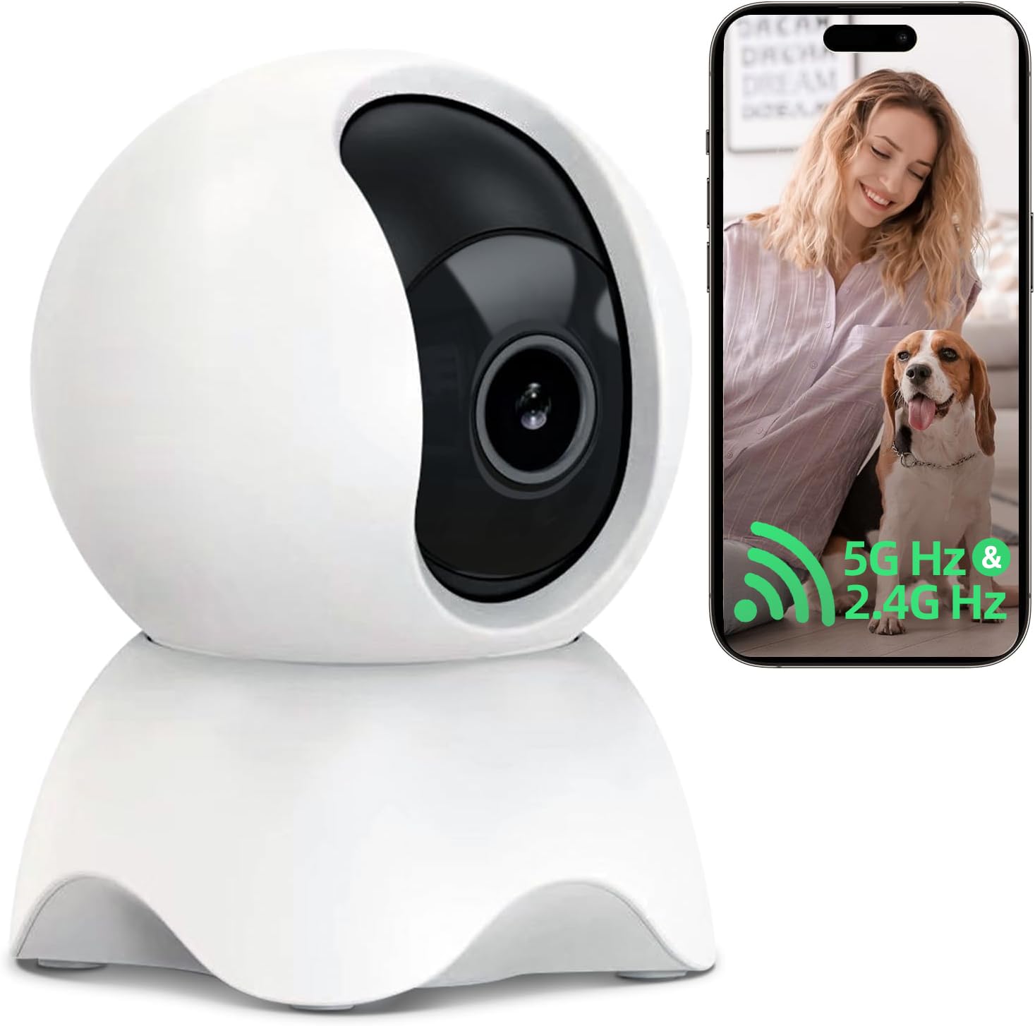 Cámara de seguridad para interiores, cámara HD 1080P para perro y monitor de bebé, 5/2.4 GHz con detección de movimiento, almacenamiento SD y nube, visión nocturna para mascotas y bebés, cámara