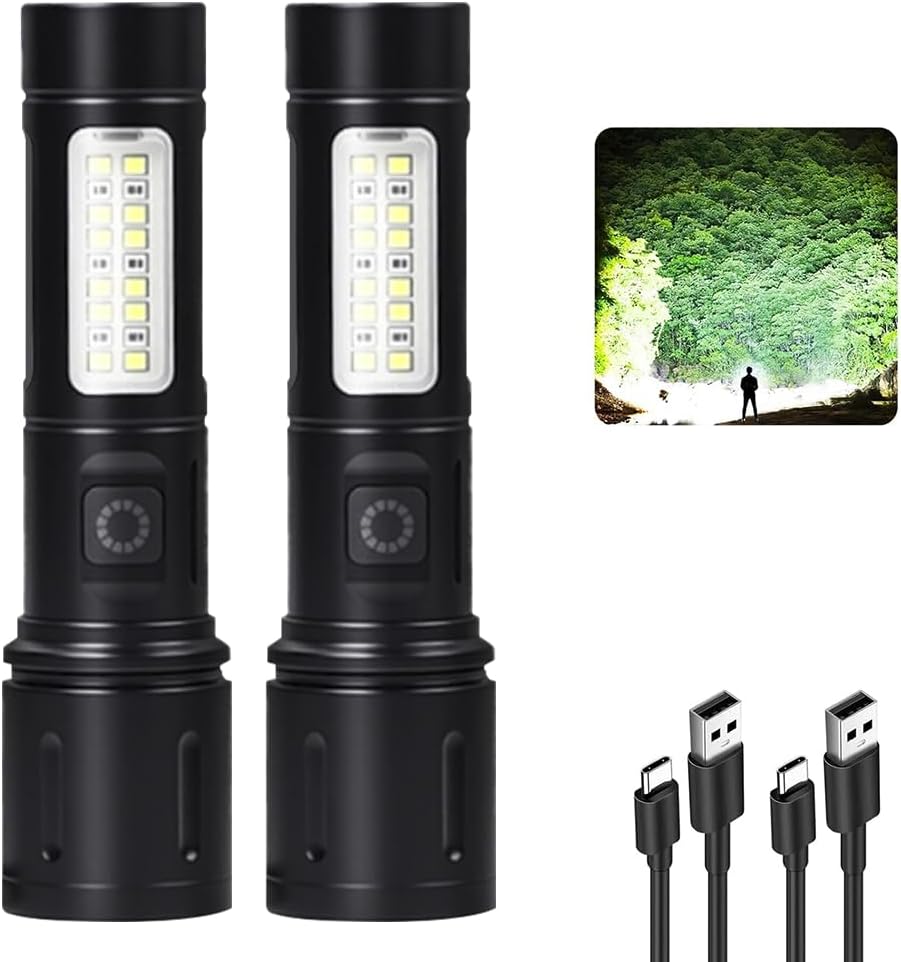 Jercoda Rechargeable Flashlight, 2Pack High Lumens Super Bright LED Tactical Flashlights with COB Sidelight, White & Red Light, Waterproof Zoomable Handheld Flash Light for Home Camping Emergency