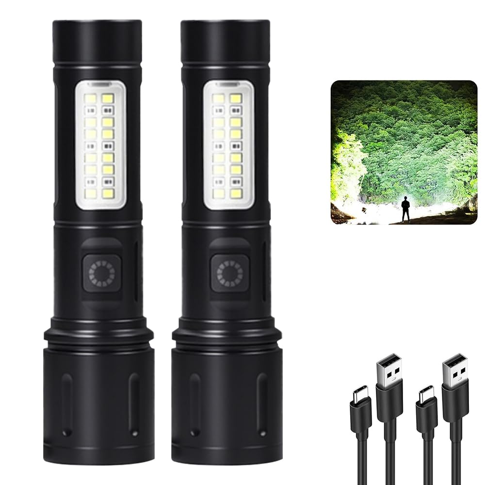 Jercoda Rechargeable Flashlight, 2Pack High Lumens Super Bright LED Tactical Flashlights with COB Sidelight, White & Red Light, Waterproof Zoomable Handheld Flash Light for Home Camping Emergency