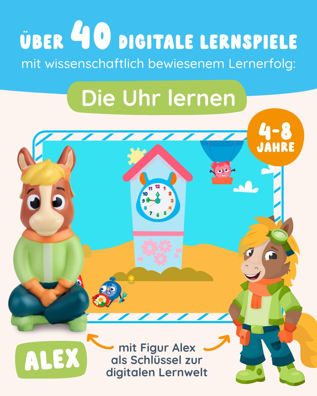 Edurino Figur Alex Die Uhr Lernen ab 4 Jahren inkl. App | Innovatives und digitales Lernspiel | Erstes Verständnis von Zeit | Tagesabläufe & Routinen | Uhrzeiten lesen (volle und halbe Stunde)
