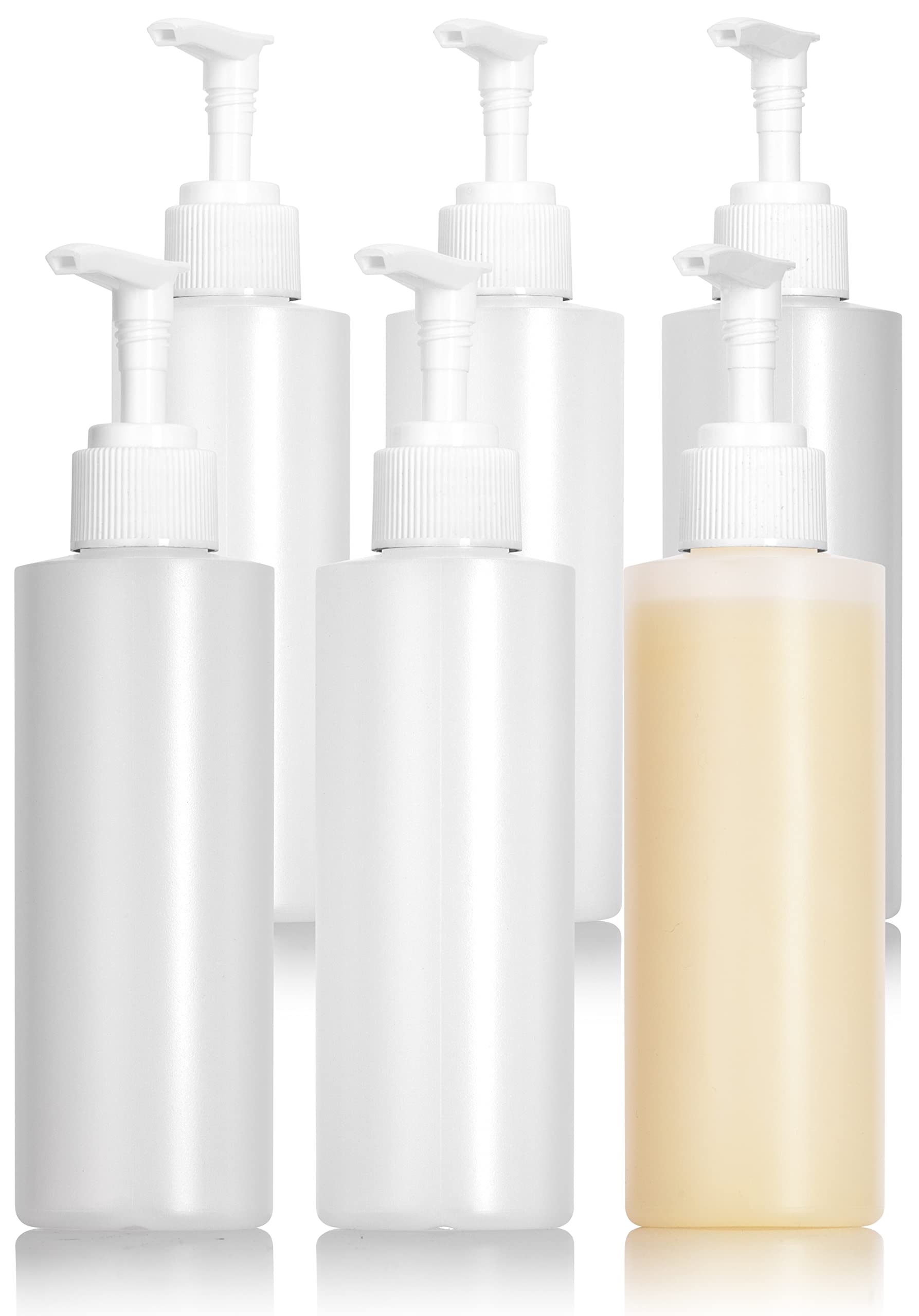 Clear Natural Large Refillable Plastic Squeeze Bottle with White Lotion Pump Dispenser 8 oz - (6 Pack)