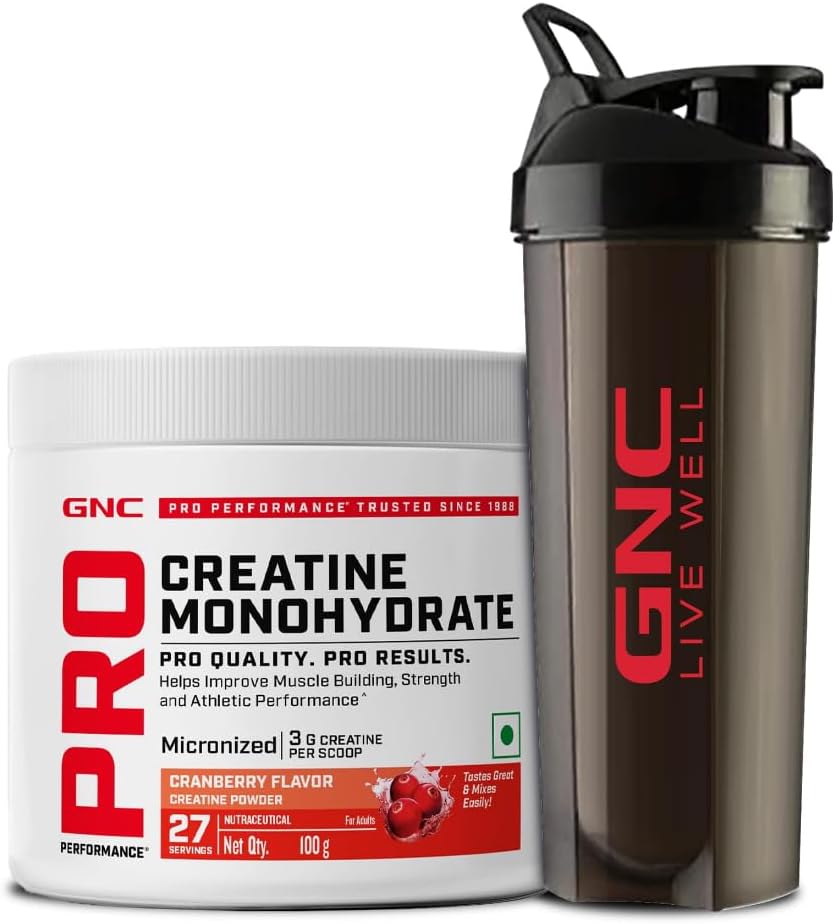 Pro Performance Creatine Monohydrate with Black Shaker- 3000mg Creatine Per Scoop | Micronized for Faster Absorption | Boosts Energy, Muscle Volume & Performance | Gluten-Free | Cranberry | 100gm