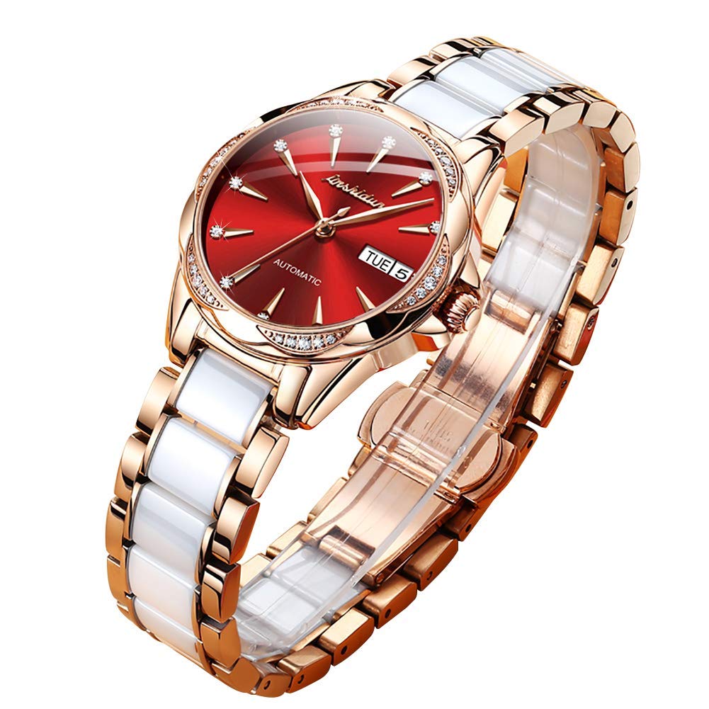 OLEVS Womens Big Face Automatic Watch, Diamond Accented Self Winding Dress Watch for Women, 50M Waterproof Day-Date Sapphire Crystal, Two Tone Stainless Steel Ceramic Band, White/Blue/Green/Red Dial