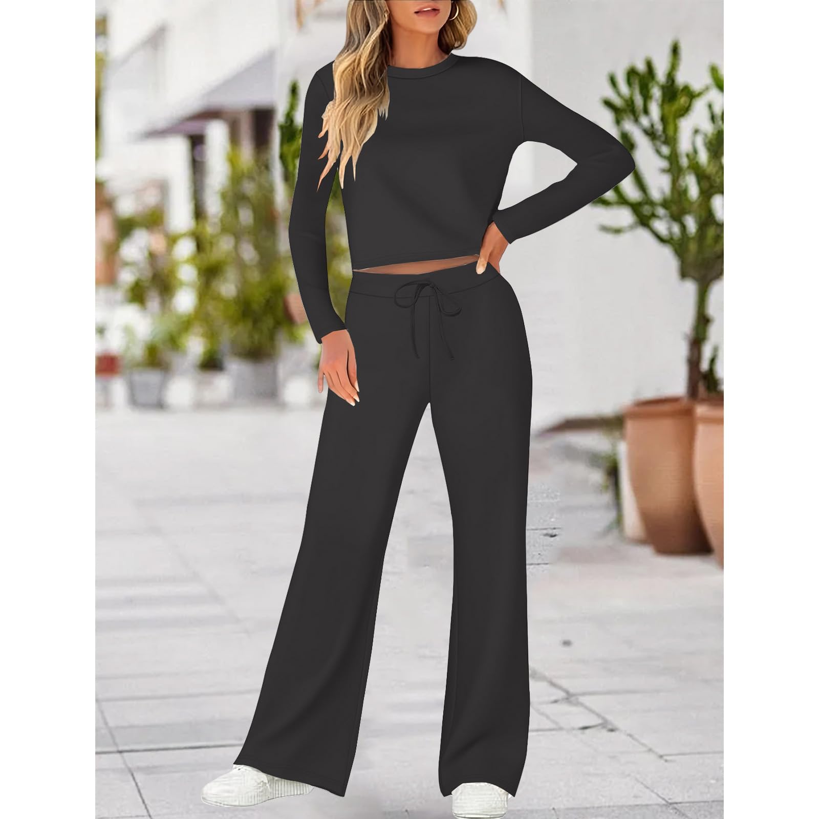 Jogginganzug Damen Set Ohne Kapuze Pullover und Jogginghose Weiteiler Elegant Langarm Trainingsanzug Hausanzug Lounge Bequem Loungewear Set Leicht Sportanzug