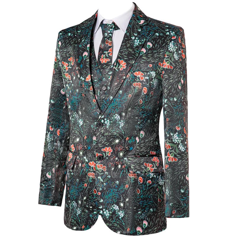 HBDesign Men's Black Backcloth Green Printed 2 Button 4 Piece Suit for Men4