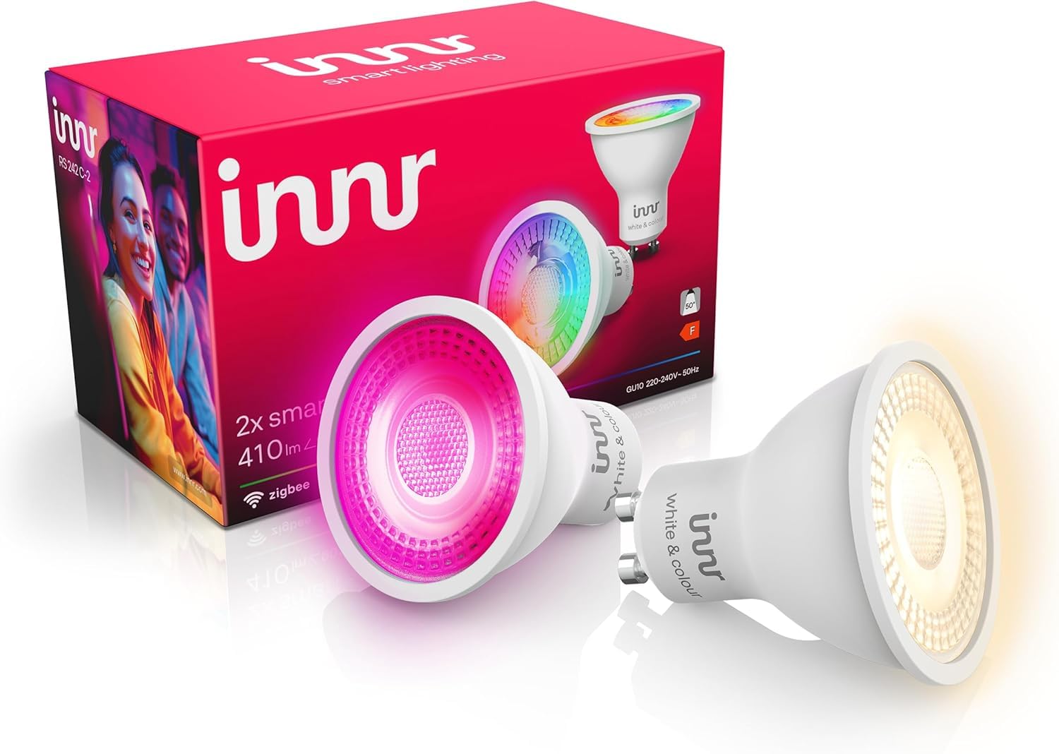 innr innr Zigbee GU10 Smart LED Spot, funktioniert mit Hue* und Alexa (Bridge erforderlich), White & Colour, 16 Millionen Farben, smart LED Lampe, 410 lumen, dimmbar, 2 Stück