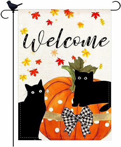 Bandera de jardín vertical de calabaza de otoño con diseño de gato negro de 12.5 x 18 pulgadas, diseño de calabaza de Acción de Gracias, hojas de