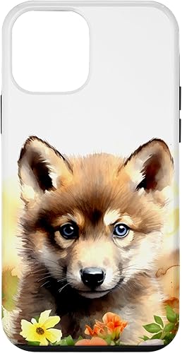 iPhone 12 mini Wolf Cub con flores Baby Wolf Lover Naturaleza Wildlife Design Case