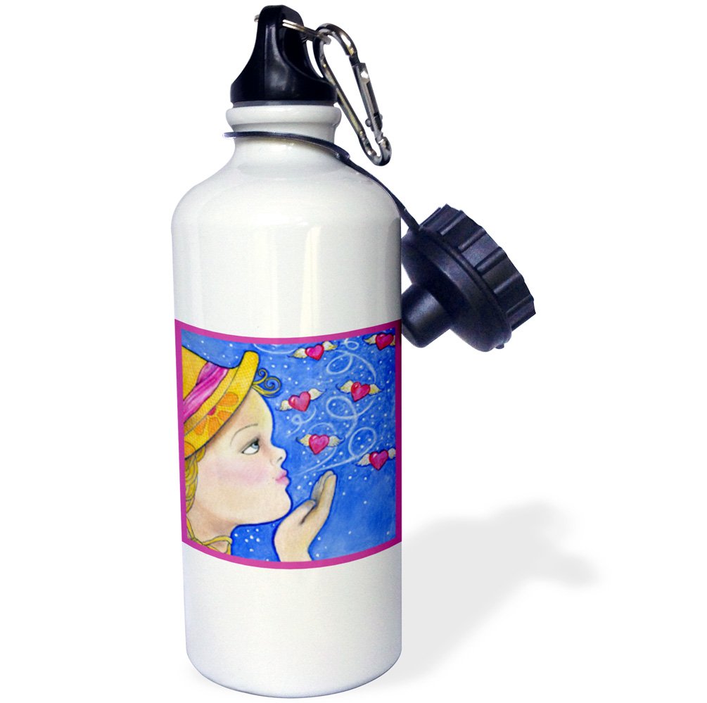 3dRose "Blowing kisses hearts winged hearts sweet girl blow kiss flying hearts whimsical" Sports Water Bottle, 21 oz, White