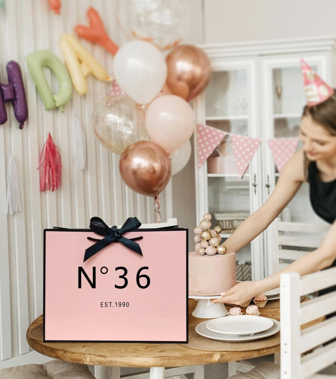 ANFENG 36th Birthday Keepsake Gift Vintage Bag Medium 13in for Women 1990 Mom Anniversary Novelty 36 Year Old Party Paper Bags Shopping Idea (Medium Size Pink) image 4