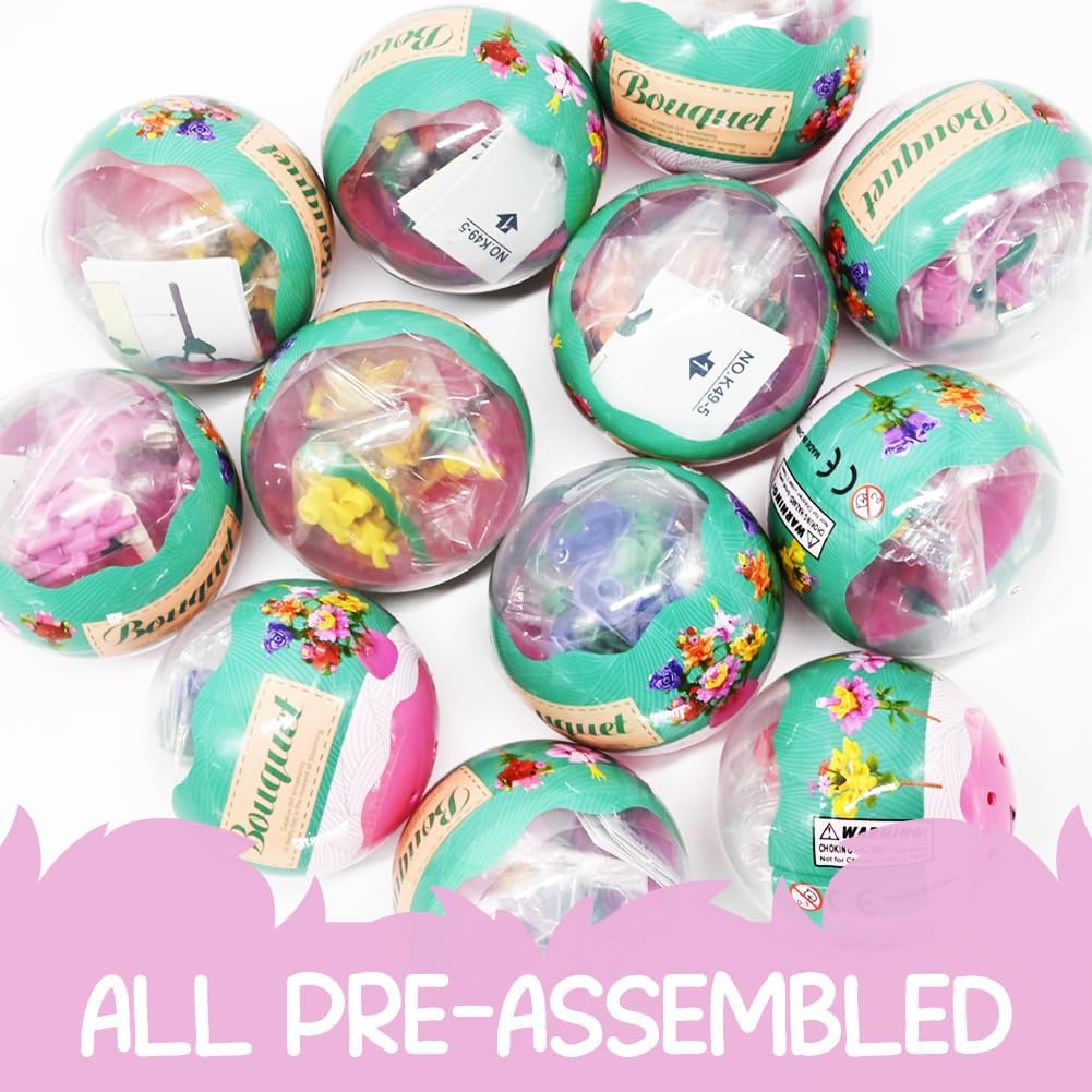 UMEELR Pre Filled Easter Eggs with Flowers, 12Pcs DIY Flower Surprise Building Blocks Toys for Basket Stuffers, Easter Egg Hunt Classroom Prize Toys