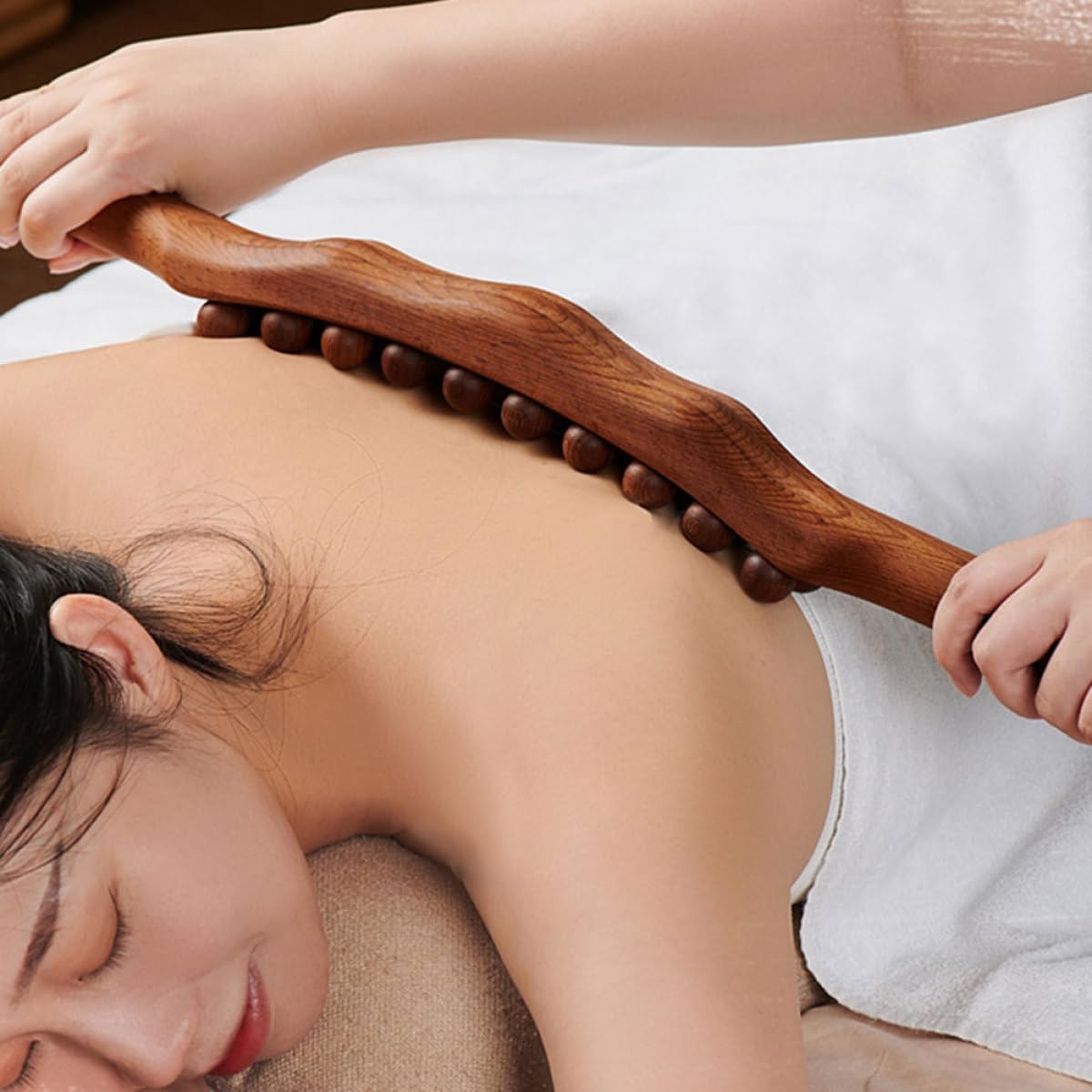 Bastone Massaggio in Legno Solido Portatile 20 Perle Doppie per Rilassare i Muscoli, Strumento Massaggiatore per Casa e Viaggio, per Massaggio Piedi e Corpo