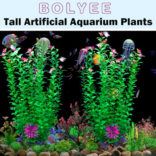 Image of 2 pcs Aquarium Decor Plants 21 Inches Extra Large Artificial Plastic Fish Tank Plants with Flowers, Tall Fish Tank Decoration for Betta Fish Tank