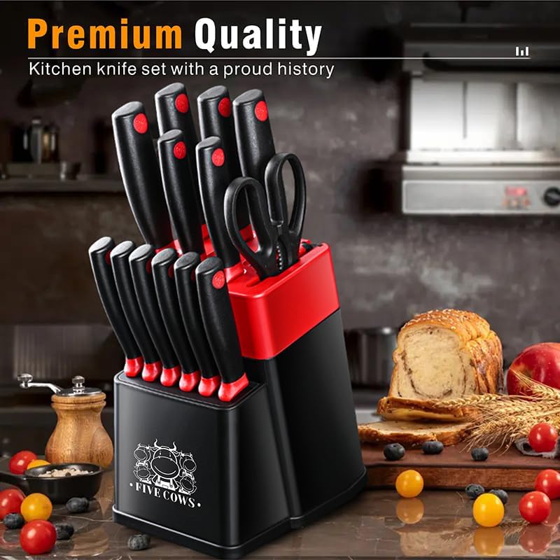 14 Pcs Kitchen Knife Block Set with Sharpener German High Carbon Stainless Steel Chef Knives, Razor-Sharp & Durable, Lightweight Anti-Slip Handle, Professional Set for Home & Kitchen (Red) - Image 9