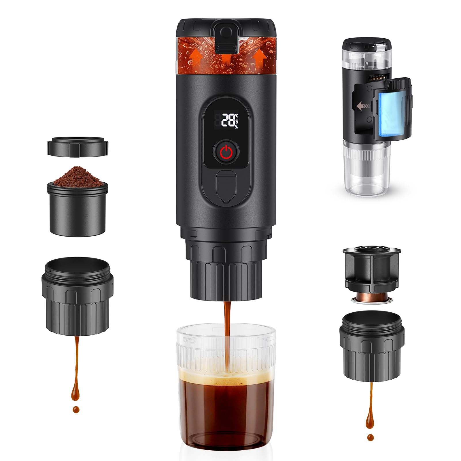 Cafetera Portatil Capsulas, Compatible con Cápsulas NS y Café Molido, Maquina de Cafe, Cafetera Capsulas Portatil, Calienta Agua Batería Recargable USB, Ideal Viajes, Camping y Oficina (Negro)