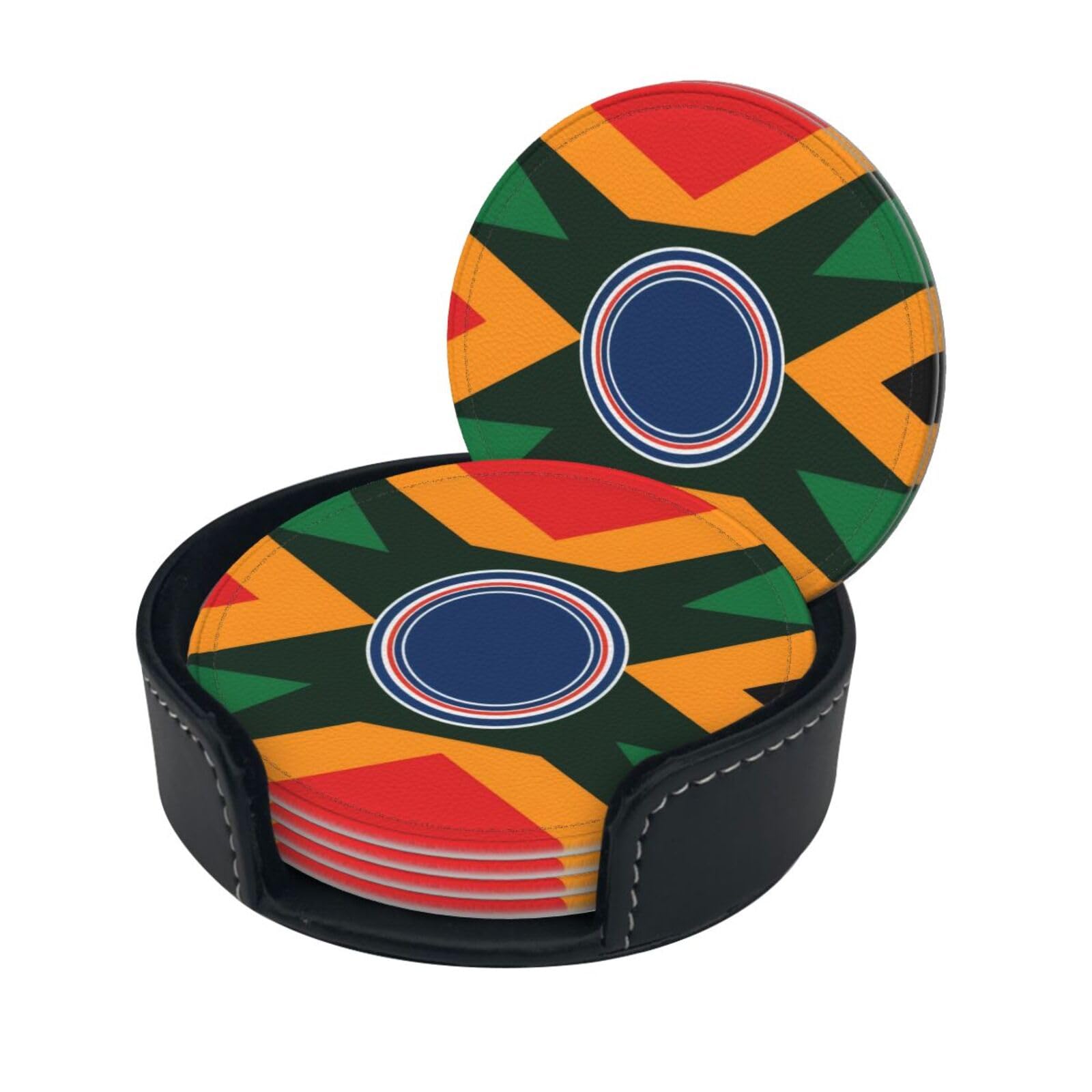 Stylish Coasters - South Africa Flag Set of 6 Round Leather Drink Coasters with Holder - Perfect Size for Cups and Glasses