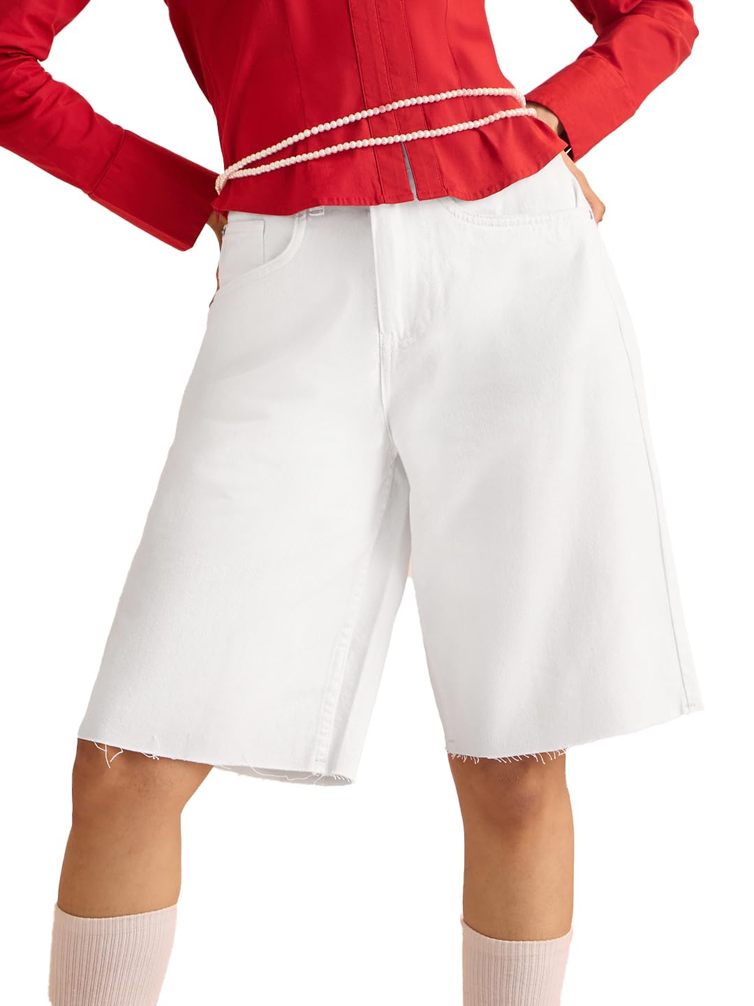 Denim Shorts: Pearl Women and Girls Buttoned Solid White Cotton Knee Length Bermuda Shorts-image-37