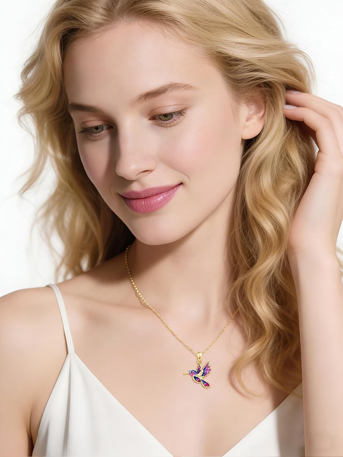 Hummingbird Pendant Necklace for Women, 14K Gold Plated Hummingbird Necklace, Teardrop Enamel Bird Necklace, Anniversary Birthday Jewelry Gifts for Nature Lovers