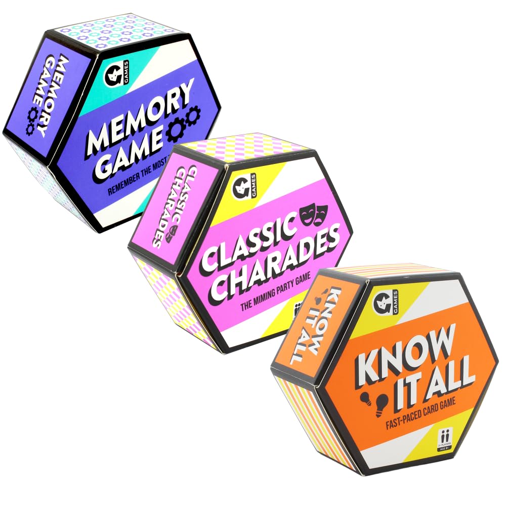 Ginger Fox Family Card Game Bundle | Classic Charades, Know It All, Memory Game | Travel-Size | Great Party Fun for Families and Games Night