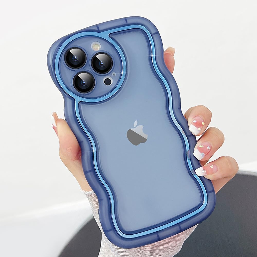 for iPhone 13 Pro Case, Cute Curly Wave Frame Shape with Plating Edge, Camera Lens Cover & Soft TPU Silicone Heavy Duty Shockproof Drop Protection Clear Phone case for iPhone 13 Pro, Blue