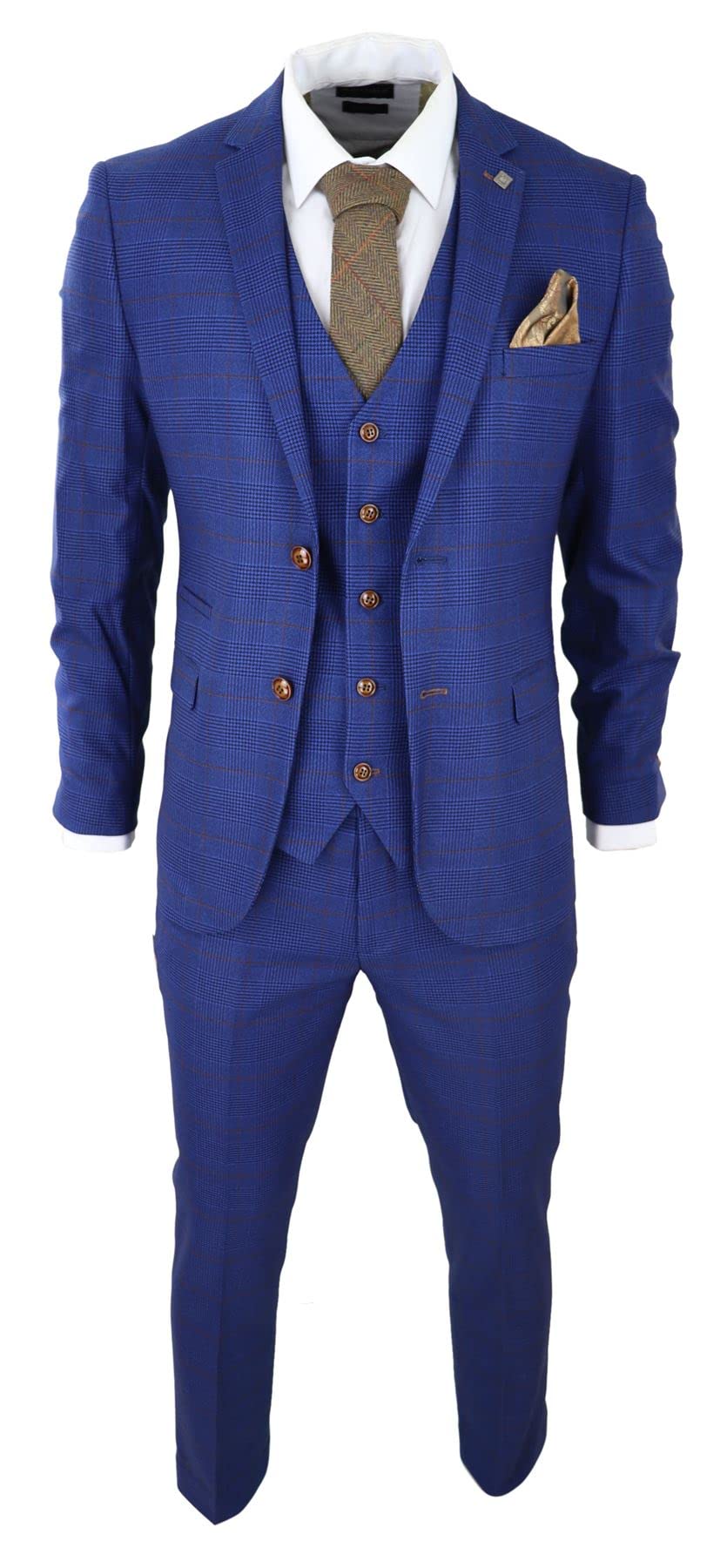 Truclothing Men's Blue Brown Check 3 Piece Suit Tailored Fit Wedding Prom Races Prince Of Wales - 38