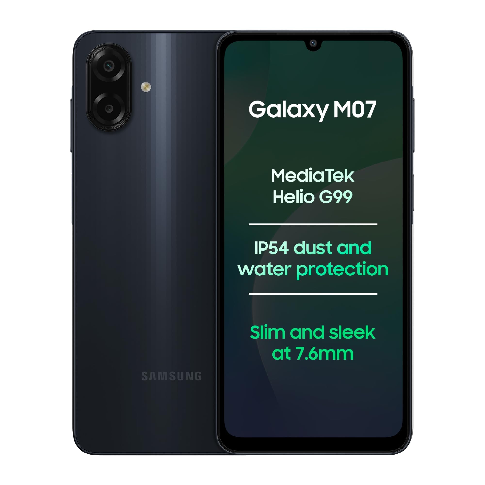samsung galaxy m07 (black, 4gb ram, 64gb storage) | mediatek helio g99 | ip54 rating | 50mp auto focus camera | 7.6mm slim | 5000mah battery| 25w fast charging | 6 gen of os upgrades | without charger