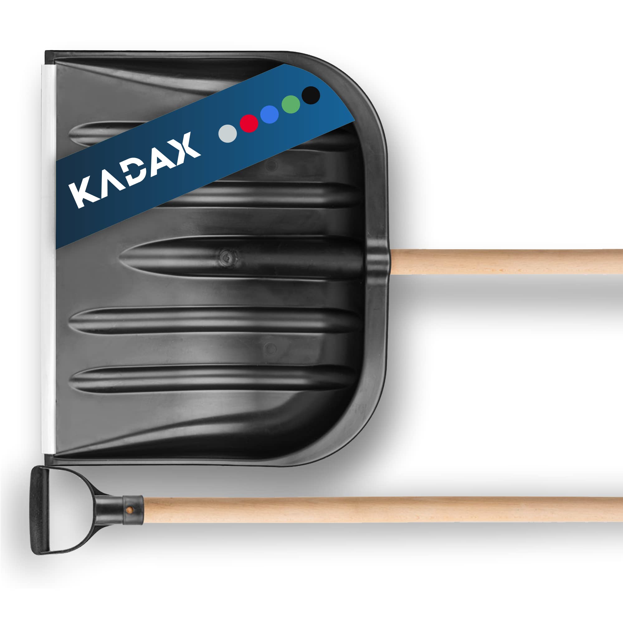 KADAX Plastikowa łopata do śniegu, szerokość: 49 cm, wyprofilowana szufla do odśnieżania z długim trzonkiem, łopata z uchwytem w kształcie litery D (drewniany trzonek, czarny)
