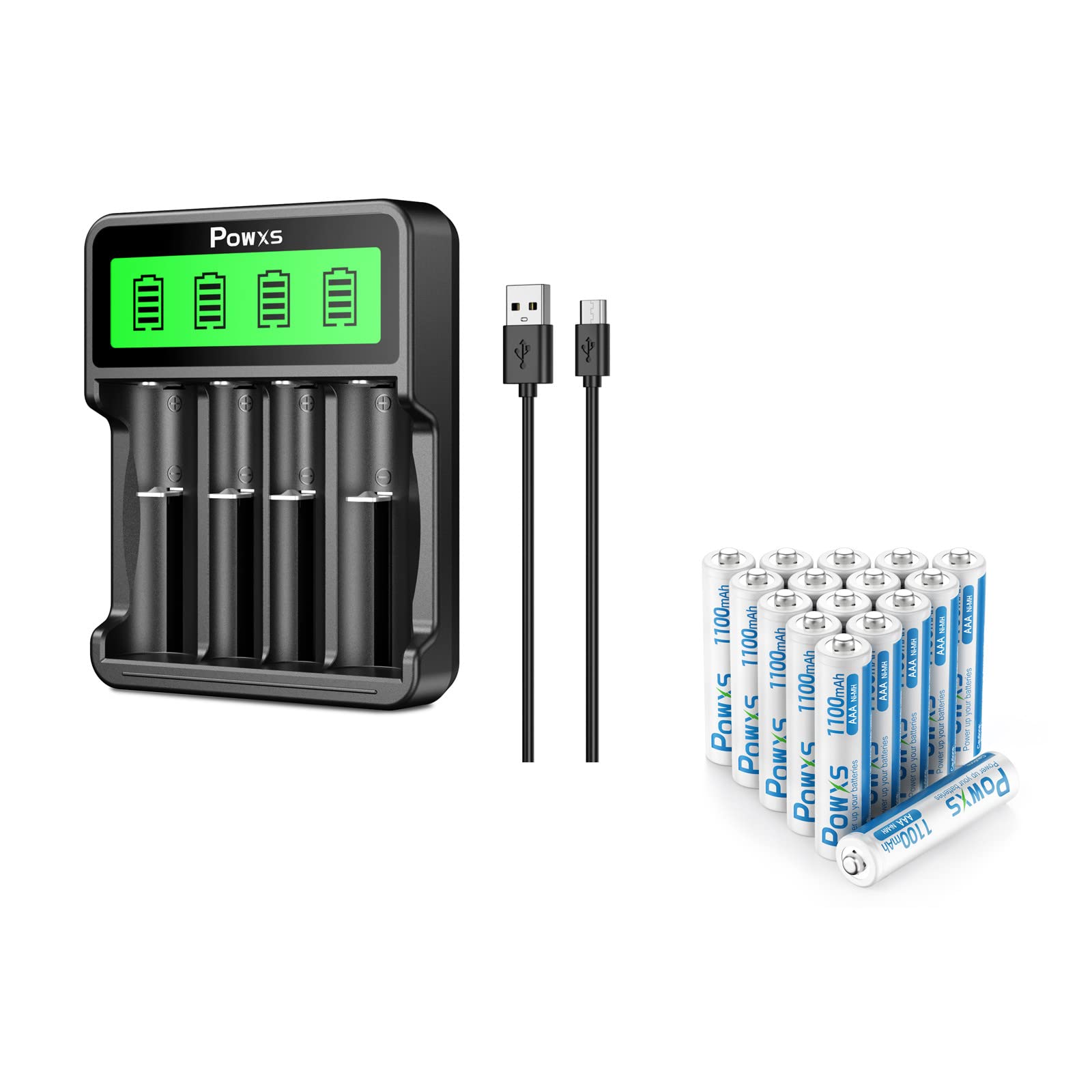 POWXSUniversal 18650 Battery Charger with AAA Rechargeable Batteries, 1.2V 1100mAh Ni-MH Pre-Charged AAA Batteries, High Performance & Long Lasting - 16 Count