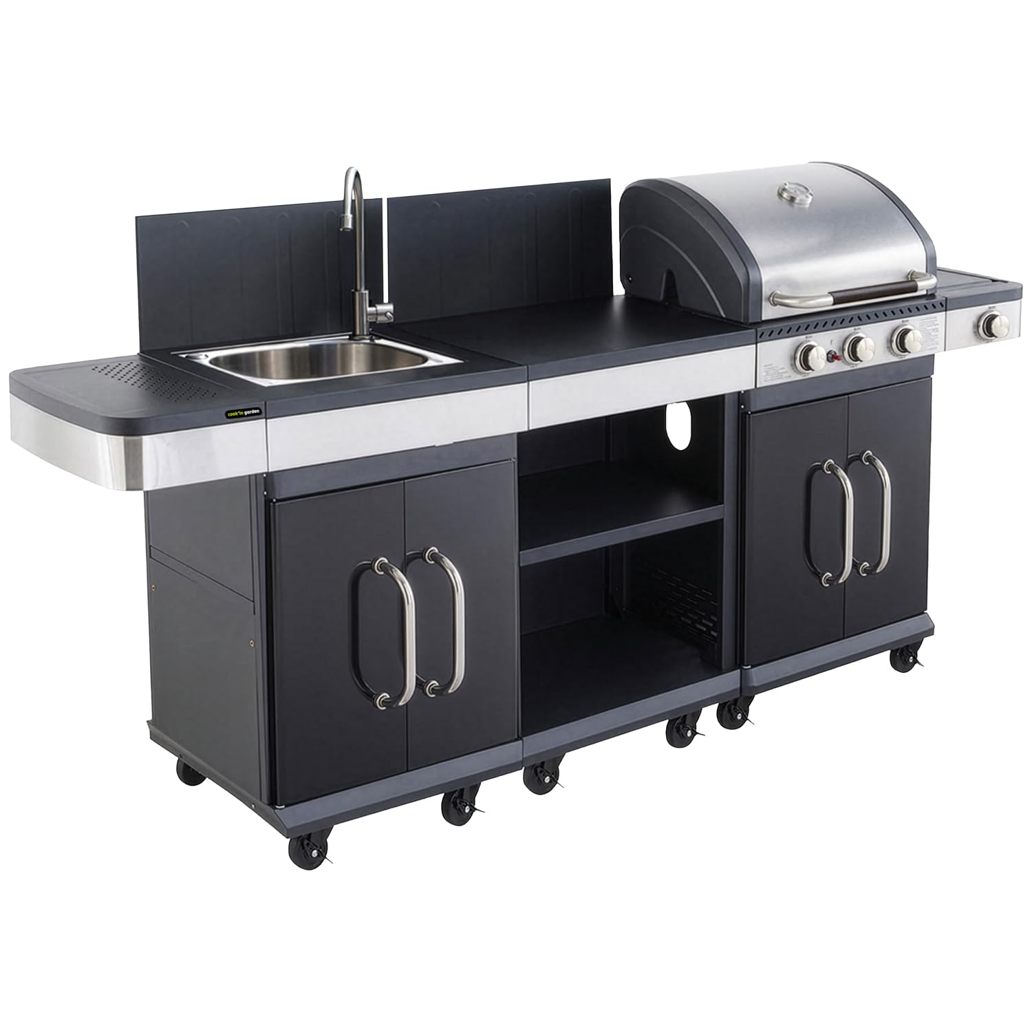 Cuisine extérieure modulable FIDGI 3 avec housse | Barbecue gaz 3 brûleurs, Thermomètre, Desserte fonctionnelle, Évier intégré