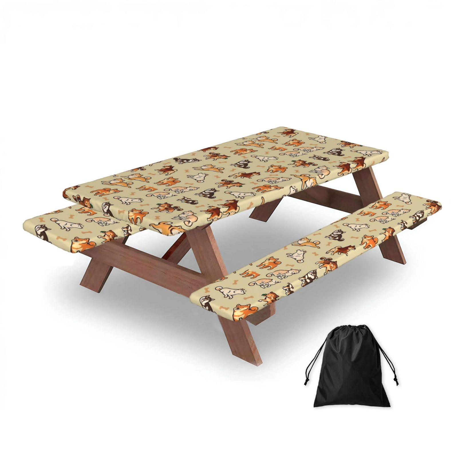 Dopklna As Picture Shiba Inu Cream, Picnic Table Cover With Bench Covers -Waterproof Elastic Fitted Tablecloth For Garden Camping Patio 76X152cm