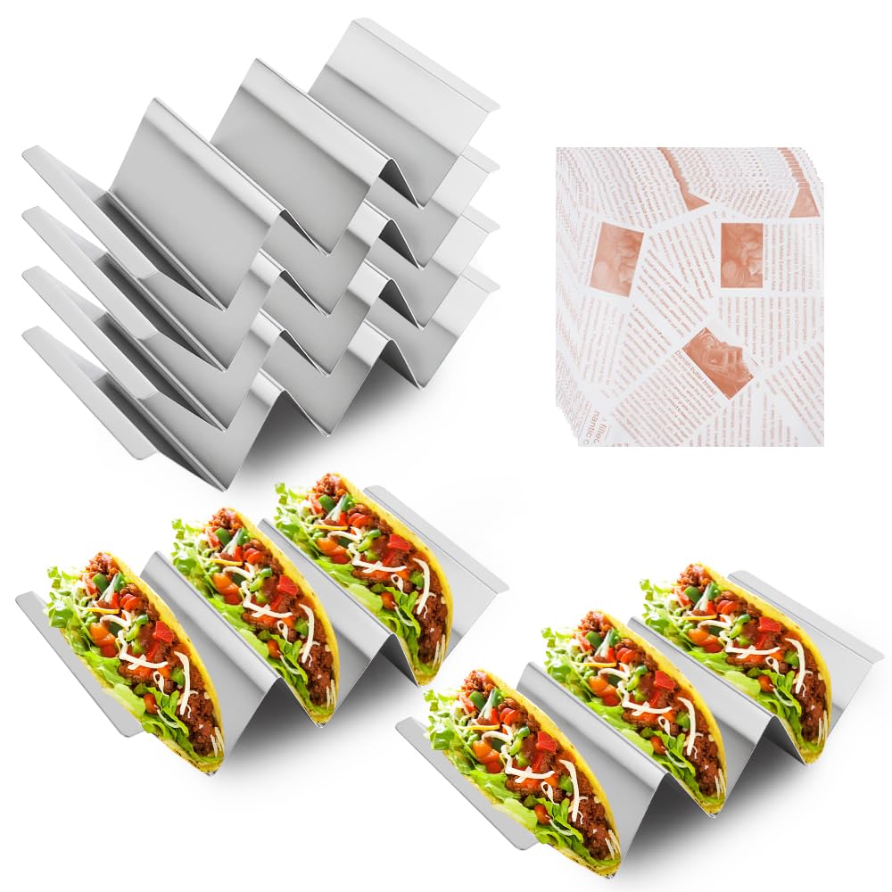 Set di Porta Tacos da 6 Pezzi, Porta Tacos in Metallo, Supporto per Tacos Durevole per Il Utilizzabile Come Stampino per Realizzare i gusci dei Tacos con, 50 Pezzi di Carta antigrasso
