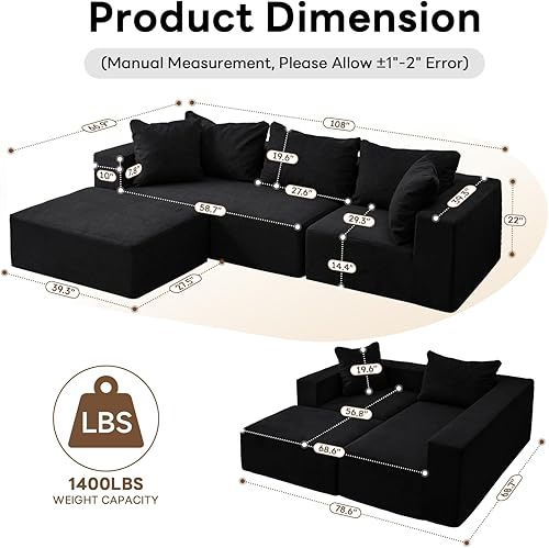 Miniatura 2 de Vamcheer Sofá seccional modular - Sofá sin patas en forma de L moderno con asiento profundo, sofás tapizados seccionales para sala de estar,