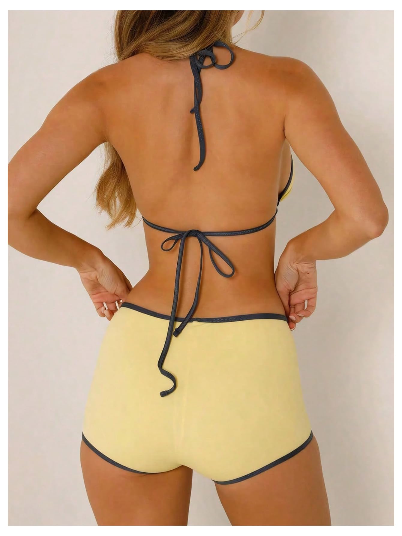 Damski seksowny wiązany na szyi trójkątny top bikini szorty strój kąpielowy push up 2-częściowy strój kąpielowy żółty średni